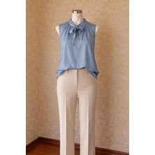 Aleksandrit Butik V Yaka Önden Bağlamalı Mavi Bluz