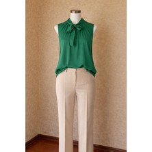 Aleksandrit Butik V Yaka Önden Bağlama Yeşil Bluz