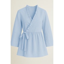 Modamorfo Yakası Fırfırlı Yandan Bağlamalı Keten Kimono  -Bebe Mavi