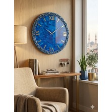 Af Epoxyart Duvar Saati - 35CM - Modern Dekoratif Duvar Saati - Epoksi Duvar Saati - El Yapımı Duvar Saati - Mavi+Gold Tasarım