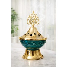 Banum Luxury Turkuaz ve Altın Tonlu Pirinç Metal Tütsülük-Otantik ve Zarif Atmosfer