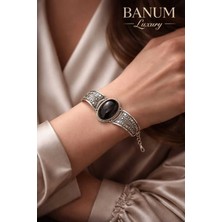 Banum Luxury Antik Gümüş Kaplama Zamak Doğal Metal ve Oniks Işıltılı El Işçiliği Tasarım Bileklik