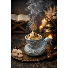 Banum Luxury Şık Tasarım Mavı Seremik ve Altın Tonlu Buhurdanlık Tütsülük