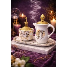 Banum Luxury Beyaz Altın Mermer Desenli Kapaklı Tütsülük Buhurdanlık Setı