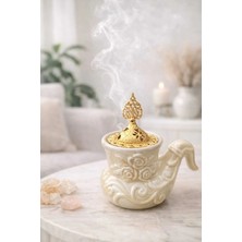 Banum Luxury Şık Tasarım Krem Renklı Seramik ve Altın Tonlu Buhurdanlık Tütsülük