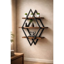 Doğal Ahşap ve Dayanıklı Metal Profil Dekoratif Ahşap Üçgen Raf 85 cm Büyük Boy
