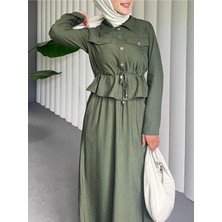 Moda Morfo Metal Düğmeli Beli Bağlamalı Gömlek Jile Elbise -Haki
