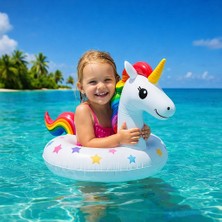 Nunu Gökkuşağı Boynuz- Unicorn Yüzme Simiti- Gülümseyen Boynuz- Tatlı Unicorn Su Arkadaşı