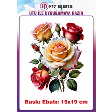 F17 Ajans Gül Temalı Ütü ile Yapışan Tekstil Kumaş Tişört Dtf Baskı