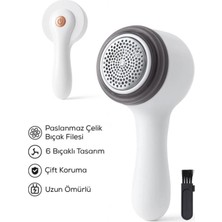 Pazarcan Mey Ithalat® 6 Bıçaklı Şarjlı Tüy Tiftik Temizleme Makinesi Beyaz Yuvarlak Tasarım Yedek Biçakli