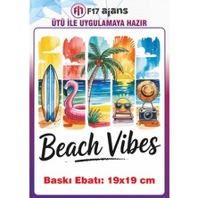 F17 Ajans Deniz Kum Güneş Temalı Ütü ile Yapışan Tekstil Kumaş Tişört Baskı