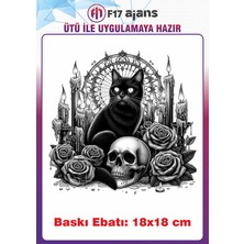 F17 Ajans Siyah Kedi Gotik Temalı Ütü ile Yapışan Tekstil Kumaş Tişört Dtf Baskı