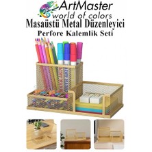 ArtMaster Altın Sarı Masaüstü Metal Kalemlik Seti 3 Lü Kombo 1 Paket Fileli Perfore Renkli Kalemlik Kağıtlık Küpnotluk Düzenleyici
