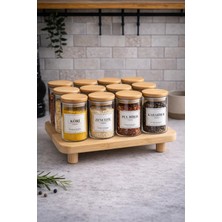 Durina Living Standlı 12'li 200ML Borosilikat Cam Bambu Vakum Kapaklı Baharatlık Seti 12 Ahşap Kaşık ve 12 Etiket Dahil