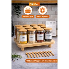 Durina Living Standlı 12'li Etiketli 250 ml Bambu Vakum  Kapaklı Borosilikat Cam Baharatlık Saklama Seti 12 Li Kaşık Dahil