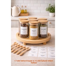 Durina Living 7’li Vakumlu Baharat Kavanozu Seti | 200 ml Borosilikat Cam | Bambu Kapak | Ahşap Stand + Kaşık+Etiket 12LI