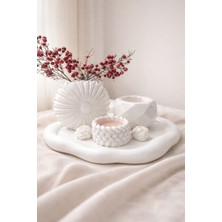 Lenisa Home Çiçek Desenli Vazo Minimal Mumluklar ve Doğal Tepsisi ve Minik Çiçek Detayarı ile 6'lı Set Doğal Taş Tozu