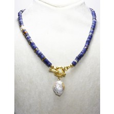 Ilgın Doğal Taş Takı Sodalit Taşı Kolye | Gerçek Altın Kaplama & Barok Inci Detaylı El Yapımı Doğal Taş Takı