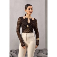 Lifera Düğme Detaylı Dantel Bluz