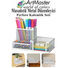 ArtMaster Beyaz Masaüstü Metal Kalemlik Seti 3 Lü Kombo 1 Paket Fileli Perfore Renkli Kalemlik Kağıtlık Küpnotluk Düzenleyici