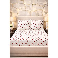 More Home Tek Kişilik Lastikli Çarşaf  Seti + Yastık Kılıf  Kalp Desenli Beyaz Kırmızı