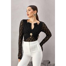 Lifera Düğme Detaylı Dantel Bluz