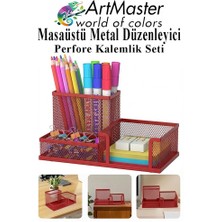 ArtMaster Kırmızı Masaüstü Metal Kalemlik Seti 3 Lü Kombo 1 Paket Fileli Perfore Renkli Kalemlik Kağıtlık Küpnotluk Düzenleyici