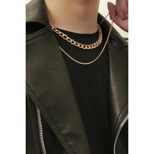 Bluem Sarı Ikili Kalın Ince Arpa Zincir Erkek Kolye- Ithal Kararmaz Çelik Zincir Kolye