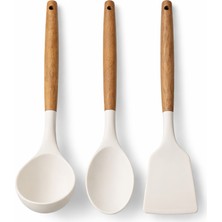 Durina Living 3’lü Ahşap Saplı Silikon  Kaşık-Kepçe-Spatula Seti Yanmaz Yapışmaz Servis Seti
