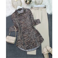 Moda Morfo Leopar Desen Düğmeli Oval Kesim Gömlek -Leopar