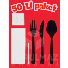 Yorulmaz Ambalaj 🖤🍴🥄🔪 Siyah Tekli Ambalajlı Çatal Kaşık Bıçak Seti – Tuz & Kürdan Dahil 50 Adet