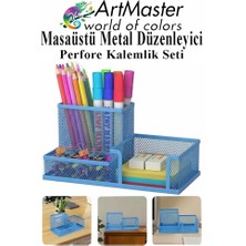 ArtMaster Mavi Masaüstü Metal Kalemlik Seti 3 Lü Kombo 1 Paket Fileli Perfore Renkli Kalemlik Kağıtlık Küpnotluk Düzenleyici