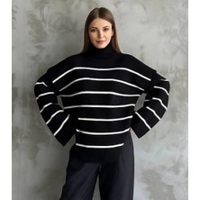 Pazarcan Çizgili Ispanyol Kol Triko Boğazlı Kazak Siyah Elf