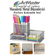 ArtMaster Gümüş Gri Masaüstü Metal Kalemlik Seti 3 Lü Kombo 1 Paket Fileli Perfore Renkli Kalemlik Kağıtlık Küpnotluk Düzenleyici