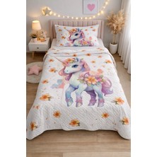 Bebişim Halı Çiçekli Unicorn Tek Kişilik Pike Takımı Çocuk Odası Pike Yatak Örtüsü