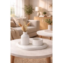 Lenisa Home 3'lü Taş Tozu Set Iskandinav Vazo, Minimal Mumluk ve Doğal Görünümü ile Tepsi