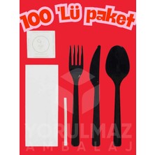 Yorulmaz Ambalaj 🖤🍴🥄🔪 Siyah Tekli Ambalajlı Çatal Kaşık Bıçak Seti – Tuz & Kürdan Dahil 100 Adet