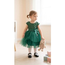 Neobeybi Kız Çocuk Zümrüt Yeşili Tül Abiye Elbise Payet Detaylı Özel Gün Elbisesi