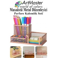 ArtMaster Bakır Yaldız Masaüstü Metal Kalemlik Seti 3 Lü Kombo 1 Paket Fileli Perfore Renkli Kalemlik Kağıtlık Küpnotluk Düzenle