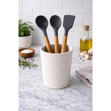 Durina Living 3’lü Ahşap Saplı Silikon  Kaşık-Kepçe-Spatula Seti Yanmaz Yapışmaz Servis Seti