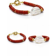 Ilgın Doğal Taş Takı Kırmızı Jasper Doğal Taş ve Orijinal Barok Inci Bileklik | 24 Ayar Altın Kaplama, El Yapımı Özel Tasarım