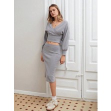 Pazarcan Kruvaze Şardonlu Etekli Takım Gri