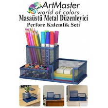 ArtMaster Lacivert Masaüstü Metal Kalemlik Seti 3 Lü Kombo 1 Paket Fileli Perfore Renkli Kalemlik Kağıtlık Küpnotluk Düzenleyici