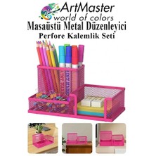 ArtMaster Pembe Masaüstü Metal Kalemlik Seti 3 Lü Kombo 1 Paket Fileli Perfore Renkli Kalemlik Kağıtlık Küpnotluk Düzenleyici