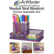 ArtMaster Mor Masaüstü Metal Kalemlik Seti 3 Lü Kombo 1 Paket Fileli Perfore Renkli Kalemlik Kağıtlık Küpnotluk Düzenleyici