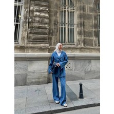 Miraydin Butik  Kadın Düğmeli ve Kemerli Denim Ikili Takım M61824 -  Açık Kot