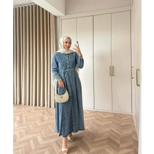 Miraydin Butik Belden Bağlamalı Yaka Pat Detaylı Denim Elbise - Mavi