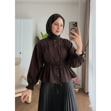 Miraydin Butik Kadın Etek Üstü Belden Büzgülü Gömlek M24140 - Kahverengi
