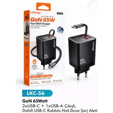 Azurtech Lkc-56 65W Gan Hızlı Şarj Aleti Dahili Type-C Kablolu 2xusb-C + Usb-A