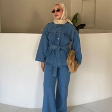 Miraydin Butik  Kadın Düğmeli ve Bağlamalı Denim Kot Ikili Takım M61821 - Açık Kot